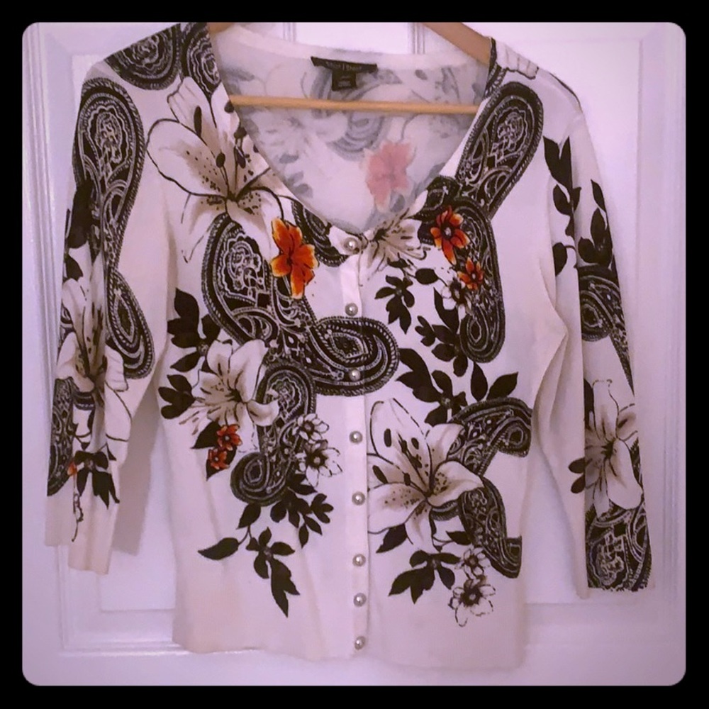 WHBM Floral Button Down 3/4 Sleeve Cardigan
